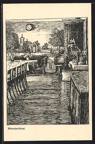 Künstler-AK Herisau, Pension Heinrichsbad, Blick in den Winterspeisesaal