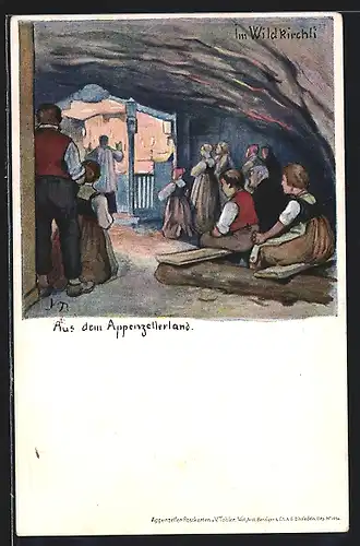 Künstler-AK Wildkirchli, Bauern beim Gebet in der Kapelle