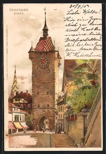 Künstler-AK Baden, Blick zum Stadtturm