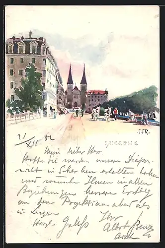 Künstler-AK Lucerne, Ortspartie mit Blick zur Kirche