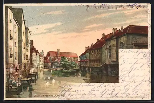 Lithographie Erfurt, Blick v. d. Rathausbrücke auf die kleine Synagoge