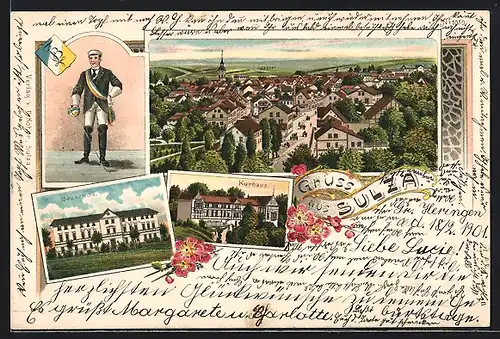 Lithographie Sulza, Kurhaus, Bauschule, Student mit Degen