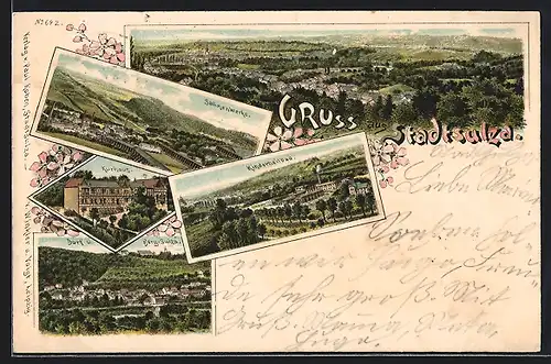 Lithographie Stadtsulza, Totalansicht, Salinenwerk, Kurhaus, Kinderheilbad