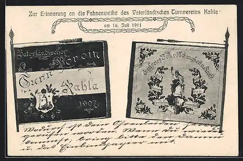 AK Kahla, Fahnenweihe des Vaterländischen Turnvereins 1911, Zwei Fahnen