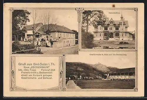 AK Bad-Sulza i. Th., Haus Eschenbaum, Inh. Otto Fiege, Inhalatorium, Gradierwerke & Blick auf die Sonnenburg