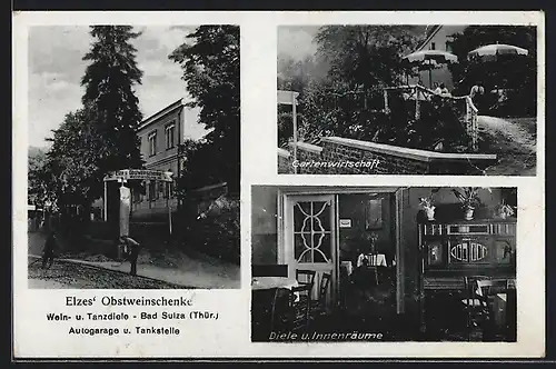 AK Bad Sulza i. Thür., Gasthaus Elze`s Obstweinschenke, Gartenwirtschaft, Diele und Innenräume