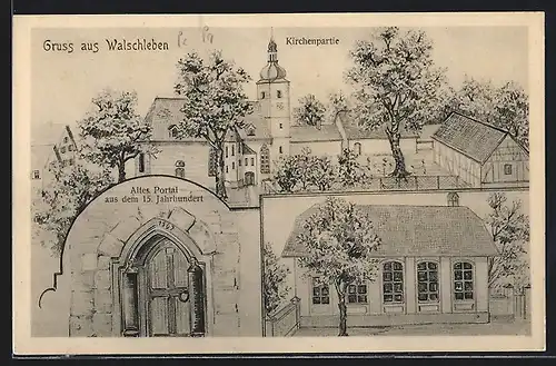 AK Walschleben, Kirchenpartie, Altes Portal aus dem 15. Jahrhundert, Hof