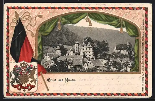 Passepartout-Lithographie Hirsau, Ortspartie, Wappen mit Fahne