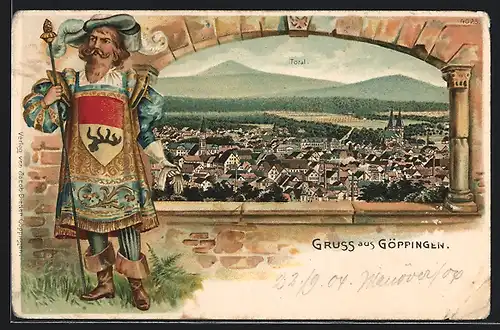 Passepartout-Lithographie Göppingen, Totalansicht, Zeremonienmeister mit Stab und Wappen