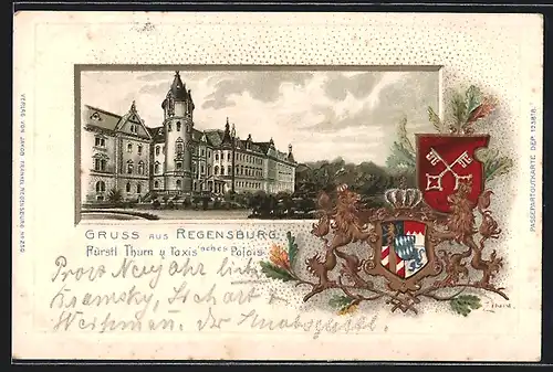 Passepartout-Lithographie Regensburg, Fürstlich Thurn u. Taxis`sches Palais, Wappen