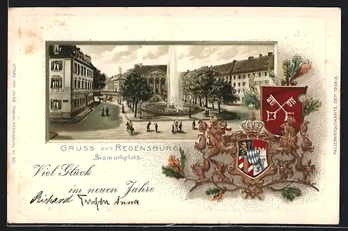 Passepartout-Lithographie Regensburg, Bismarckplatz, Wappen