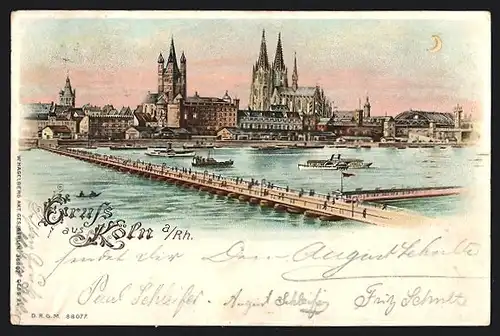 Lithographie Köln, Ortsansicht mit Dom und Pontonbrücke, beleuchtete Fenster