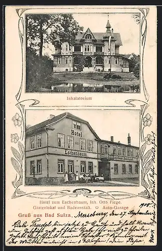 AK Bad Sulza, Hotel Zum Eschenbaum mit Gartenlokal und Badeanstalt, Inhalatorium