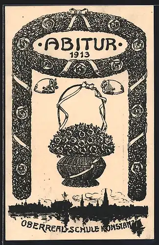 Künstler-AK Konstanz, Absolvia Abitur 1913 der Oberreal-Schule, Blumenkorb