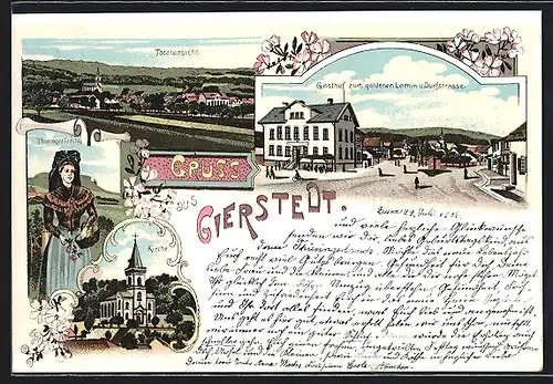 Lithographie Gierstedt, Gasthof zum goldenen Lamm mit Strasse, Kirche, Thüringer Tracht, Totalansicht