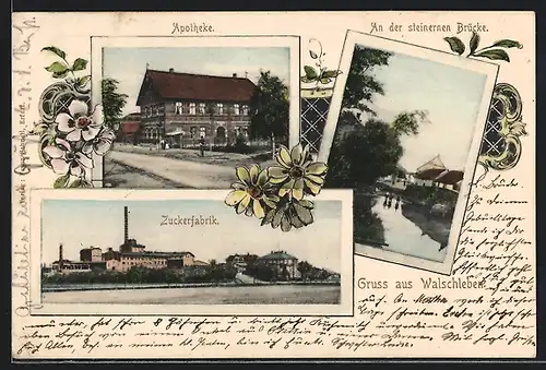 Passepartout-AK Walschleben, Apotheke, Zuckerfabrik, An der steinernen Brücke
