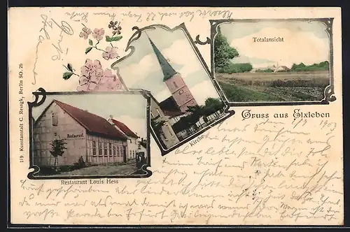 Passepartout-AK Elxleben, Restaurant Louis Hess mit Strasse, Kirche, Totalansicht aus der Ferne