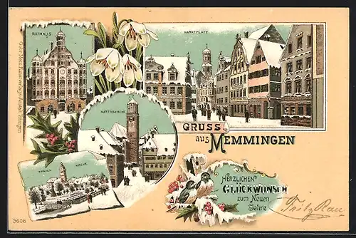 Winter-Lithographie Memmingen, Marktplatz, Rathaus, Martinskirche, Frauenkirche