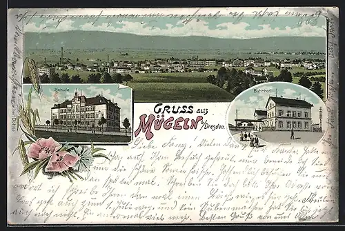 Lithographie Mügeln, Gesamtansicht, Bahnhof und Schule