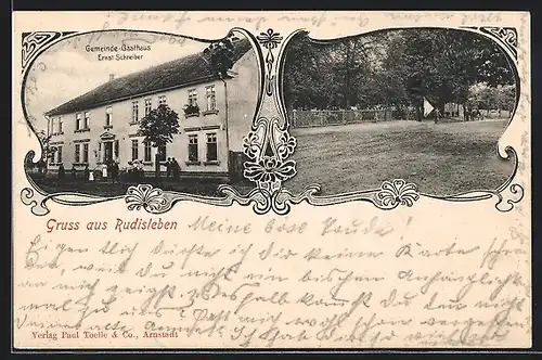 Passepartout-AK Rudisleben, Gemeinde-Gasthaus Ernst Schreiber mit Garten