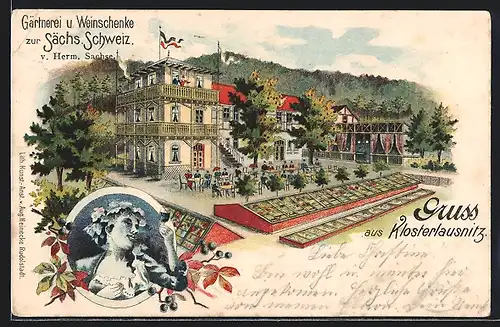 Lithographie Klosterlausnitz, Gärtnerei und Weinschenke zur Sächsischen Schweiz von H. Sachse