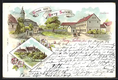 Lithographie Berg-Sulza, Ortspartie mit Kirche und Gasthof, Schloss Bergsulza