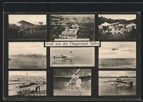 AK Gotha, Fliegerstadt - Flugzeuge auf dem Flugplatz, Wallerflugzeug auf der Nordsee, Schloss mit Luftschiffhafen