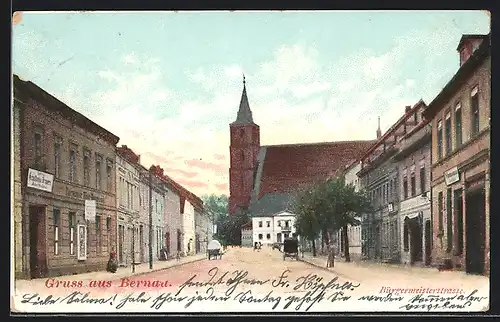 AK Bernau, Strassenpartie mit Geschäften und Kirche