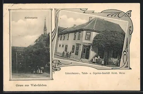 AK Walschleben, Colonialwaren-, Tabak & Cigarren-Geschäft, Kirchenpartie