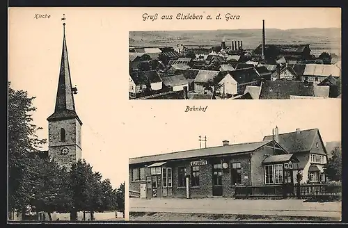 AK Elxleben a. d. Gera, Bahnhof, Kirche, Ortsansicht aus der Vogelschau