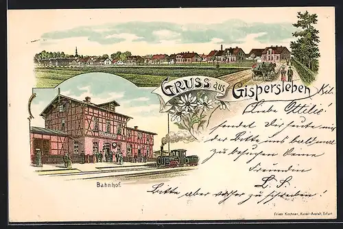 Lithographie Gispersleben, Bahnhof von der Gleisseite, Ortsansicht