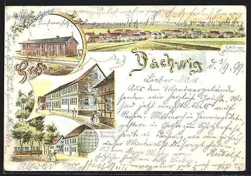 Lithographie Dachwig, Gasthaus Gemeinde-Schenke, Bahnhof, Ortsansicht