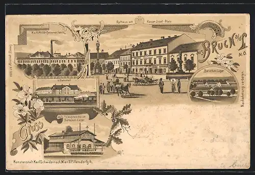Lithographie Bruck a. d. Leitha, K. u. K. Militär Conserven Fabrik, Barackenlager, Rathaus