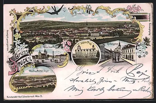 Lithographie Bruck a. L., K. u. k. Militärlager, Kirchengasse, Ortsansicht aus der Vogelschau