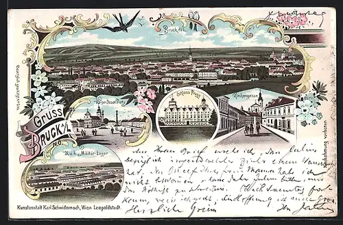 Lithographie Bruck a. L., K. u. k. Militärlager, Kirchengasse, Ortsansicht aus der Vogelschau