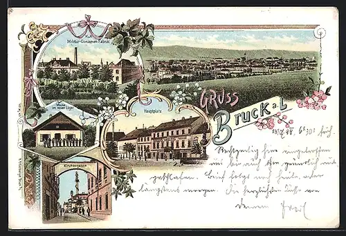 Lithographie Bruck a. Leitha, K.u.K. Militär-Conservenfabrik, Kirchengasse, Hauptplatz, Wache im neuen Lager