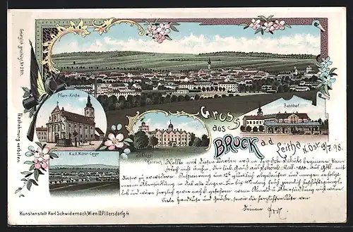 Lithographie Bruck a. d. Leitha, Pfarr-Kirche, Bahnhof, K. u. k. Militär-Lager