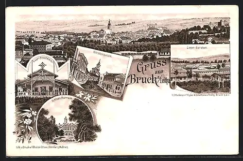 Lithographie Bruck, Lager-Hauptwache, Schloss Harrach, Kirchengasse, Lager-Baraken, Totalansicht