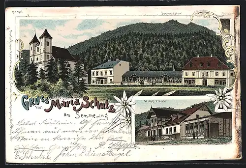 Lithographie Maria Schulz am Semmering, Gasthof Prasch, Sonnwendstein, Kirche