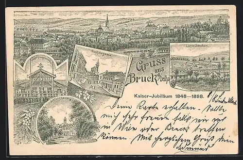 Lithographie Bruck a. Leitha, Kirchengasse, Lager-Hauptwache, Schloss Harrach