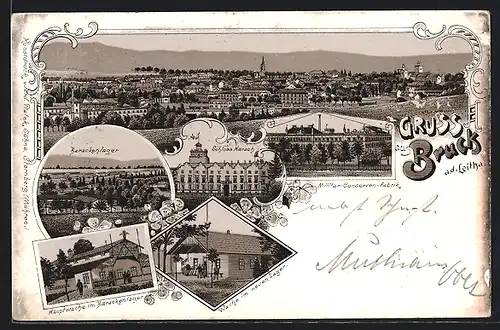 Lithographie Bruck an der Leitha, Schloss Marach, Barackenlager und Hauptwache