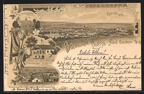 Lithographie Bruck a. d. Leitha, Baracken-Lager, Wache im neuen Lager, Schloss Harrach