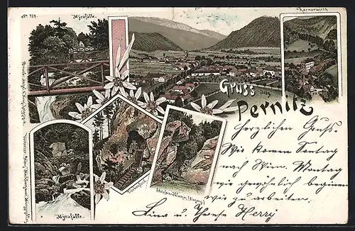 Lithographie Pernitz, Gasthaus Karnerwirt, Türkenjoch, Myrafälle