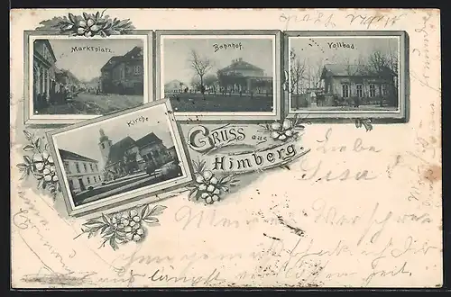 AK Himberg, Marktplatz, Bahnhof, Vollbad und Kirche