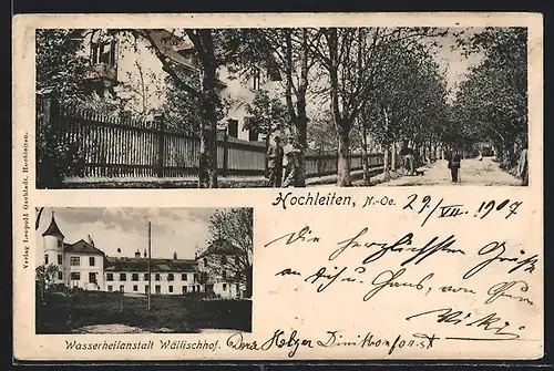 AK Hochleiten, Wasserheilanstalt Wällischhof, Strassenpartie mit Passanten