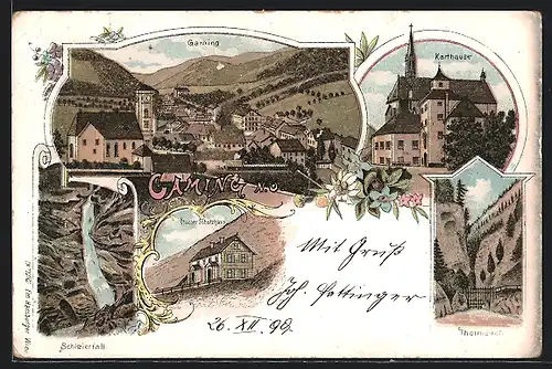 Lithographie Gaming, Karthause, Ötscher Schutzhaus und Thormäuer