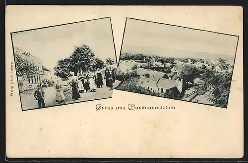 AK Wartmannstetten, Ansicht mit Bewohnern des Ortes, Panorama aus der Vogelschau