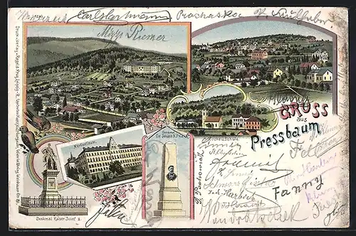 Lithographie Pressbaum, Denkmal Kaiser Josef II., Norbertinum, Kirche und Schule