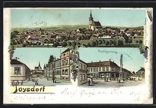 Lithographie Poysdorf, Dreifaltigkeitsplatz, Gesamtansicht mit Kirche