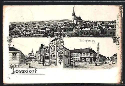 Lithographie Poysdorf, Teilansicht, Strassenpartie mit Gebäudeansicht, Dreifaltigkeitsplatz